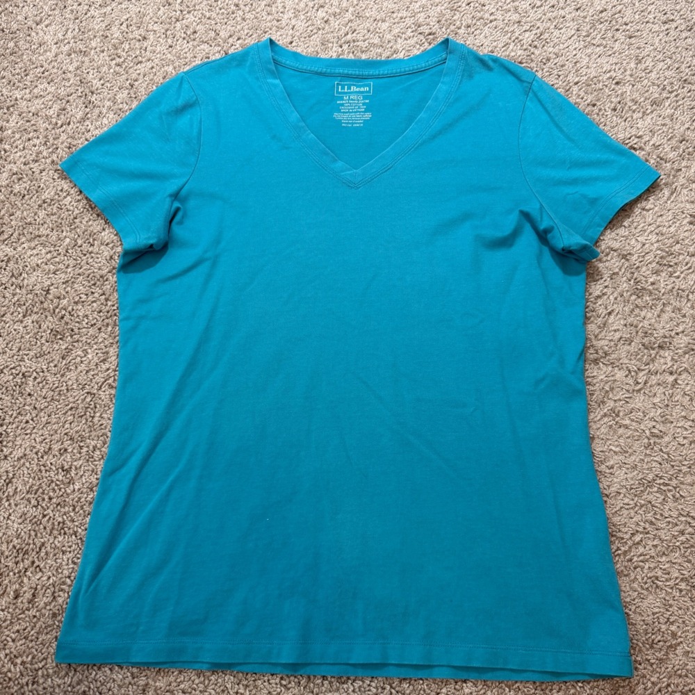 L.L. Bean V-Neck T-Shirt Women Medium Teal Blue Excellent 100% Cotton 254790‎